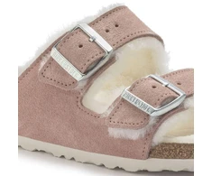 Birkenstock Arizona zomšas ādas kažokādas ar polsterējumu, rozā māla LAF šauras čības (1023258)