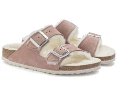 Birkenstock Arizona zomšas ādas kažokādas ar polsterējumu, rozā māla LAF šauras čības (1023258)