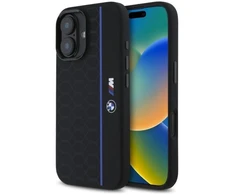 BMW BMHMP16S23SHEB Apple iPhone 16 6.1″ juodos spalvos kietas dėklas Silicone Hexagon Mėlyna Line MagSafe