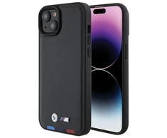 Dėklas BMW BMHCP15M22PTDK Apple iPhone 15 Plus / 14 Plus 6.7″ juodos spalvos Leather Stamp Tricolor