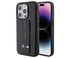 Dėklas BMW BMHCP15LGSPCCK Apple iPhone 15 Pro 6.1″ juodos spalvos kietas dėklas Grip Stand Smooth & Carbon
