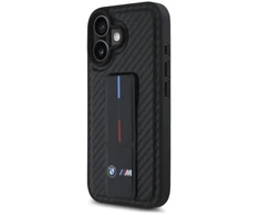 BMW M dėklas su stoveliu ir rankena, lygus ir anglies pluošto, juodas, skirtas iPhone 16