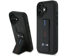 BMW M dėklas su stoveliu ir rankena, lygus ir anglies pluošto, juodas, skirtas iPhone 16