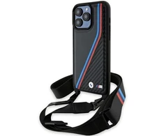 Dėklas BMW BMHCP15L23PSVTK Apple iPhone 15 Pro 6.1″ juodos spalvos hardcase M Edition Carbon Tricolor Lines &amp; Strap