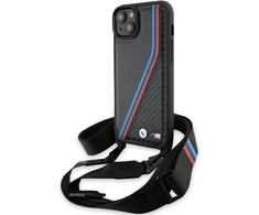 Dėklas BMW BMHCP15S23 PSVTK Apple iPhone 15 14 13 6.1″ juodos spalvos kietas dėklas M Edition Carbon Tricolor Lines & S