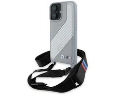 BMW BMHCP16S23PSCCG Apple iPhone 16 6.1 pilkas kietas dėklas M Edition anglies pluošto juostele ir dirželiu