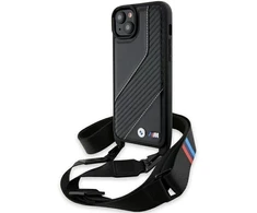 Dėklas BMW BMHCP15M23 PSCCK Apple iPhone 15 Plus 14 Plus 6.7″ juodos spalvos kietas dėklas M Edition Carbon Stripe & Stra