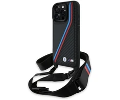Dėklas BMW BMHCP16L23PSVTK Apple iPhone 16 Pro 6.3″ juodos spalvos hardcase M Edition Carbon Tricolor Lines &amp; Strap