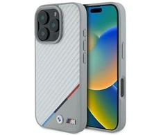 BMW BMHMP16L23 PUDTS Apple iPhone 16 Pro 6.3″ pilkas kietas dėklas M Carbon Tricolor Line MagSafe
