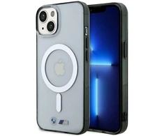 BMW BMHMP14MHCRS dėklas Apple iPhone 14 Plus 15 Plus 6.7″ skaidrus kietas dėklas Sidabrinis Ring MagSafe