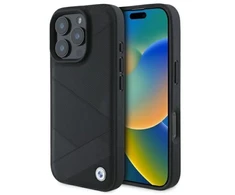 BMW BMHCP16X23RCGPK Apple iPhone 16 Pro Max 6.9″ juodos spalvos kietas dėklas Sign Leather Crossing Lines Patt