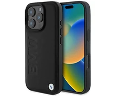 BMW BMHMP16LSLLBK Apple iPhone 16 Pro 6.3″ juodos spalvos kietas dėklas Leather Hot Stamp MagSafe