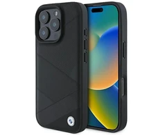 BMW BMHCP16L23RCGPK Apple iPhone 16 Pro 6.3″ juodos spalvos kietas dėklas Sign Leather Crossing Lines Pattern