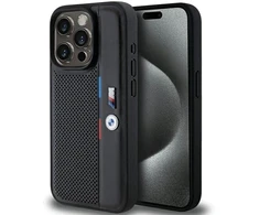 Dėklas BMW BMHCP15L23 PUPVK Apple iPhone 15 Pro 6.1″ juodos spalvos kietas dėklas Perforated Tricolor Line
