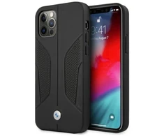 BMW BMHCP12LRSCSK Apple iPhone 12 Pro Max 6,7″ juodos spalvos kietas dėklas Leather Perforate Sides