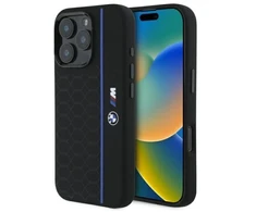 BMW BMHMP16X23SHEB Apple iPhone 16 Pro Max 6.9″ juodos spalvos kietas dėklas Silicone Hexagon Mėlyna Line MagSa
