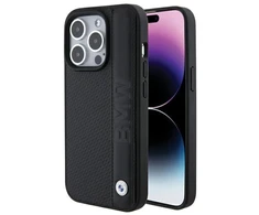 Dėklas BMW BMHCP15L22RDPK Apple iPhone 15 Pro 6.1″ juodos spalvos kietas dėklas Leather Textured &amp; Stripe