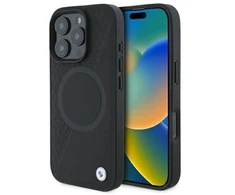 BMW BMHMP16X23RTPK Apple iPhone 16 Pro Max 6.9″ juodos spalvos kietas dėklas Sign Leather Half Textured And Circle MagSa