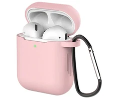 Dėklas AirPods 2 / AirPods 1, silikoninis minkštas dėklas ausinėms + raktų pakabukas karabinas, rožinis (dėklas D)