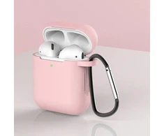 Dėklas AirPods 2 / AirPods 1, silikoninis minkštas dėklas ausinėms + raktų pakabukas karabinas, rožinis (dėklas D)