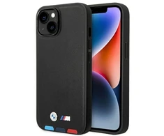 Dėklas BMW BMHCP14M22PTDK Apple iPhone 14 Plus / 15 Plus 6,7″ juodos spalvos Leather Stamp Tricolor