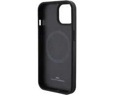 Dėklas BMW MagSafe Leather Hot Stamp ant iPhone 15 Plus - juodos spalvos