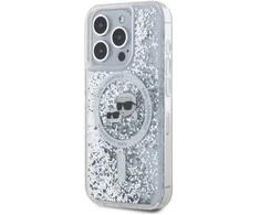 Karl Lagerfeld Liquid Glitter Karl and Choupette Heads MagSafe dėklas telefonui Apple iPhone 15 Pro Max skaidrus