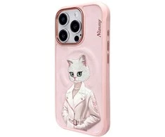 Dėklas iPhone 16 Pro rožinis su magnetu ir katės piešiniu Nimmy