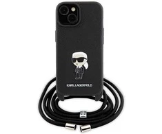 Dėklas Karl Lagerfeld Crossbody Saffiano Monogram Metal Pin Karl &amp; Choupette na iPhone 15 - Juodos spalvos