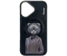 Dėklas telefonui juodas su magnetu ir katino piešiniu iPhone 16 Nimmy