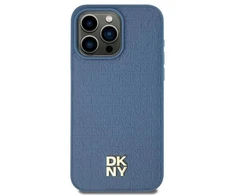DKNY DKHMP15SPSHRPSB Apple iPhone 15 14 13 6.1 inch mėlynas kietas dėklas Leather Pattern Metal Logo MagSafe