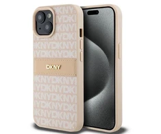 DKNY DKHCP15MPRTHSLP Apple iPhone 15 Plus 14 Plus 6.7 inch rožinės spalvos kietas dėklas Leather Mono Stripe &amp; Metal Log