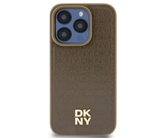DKNY DKHMP14SPSHRPSW Apple iPhone 14 15 13 6.1 inch rudos spalvos kietas dėklas Leather Pattern Metal Logo MagSafe