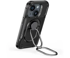 Dual Hinge iPhone 14 Plus šarvuotas dėklas su stovo žiedo laikikliu juodas