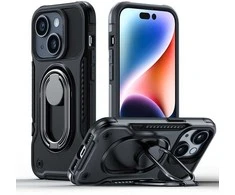 Dual Hinge iPhone 14 Plus šarvuotas dėklas su stovo žiedo laikikliu juodas