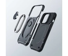 Dual Hinge iPhone 14 Pro šarvuotas dėklas su stovo žiedo laikikliu juodas