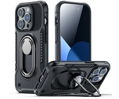 Dual Hinge iPhone 14 Pro šarvuotas dėklas su stovo žiedo laikikliu juodas
