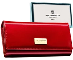 Duży, raudona portfel damski ze skóry naturalnej i ekologicznej wyposażony w system RFID - Peterson