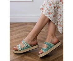 Espadrilės žalios blizgios šlepetės su sagtelėmis
