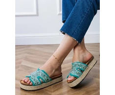 Espadrilės žalios šlepetės su platforma ir cirkoniais