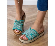 Espadrilės žalios šlepetės su platforma ir cirkoniais