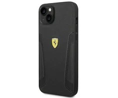 Ferrari FEHCP14MRBUK iPhone 14 Plus 6,7 juodos/juodos spalvos deklas Odiniai šonai su įspaudais