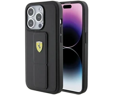 Ferrari FEHCP15XGSPSIK Apple iPhone 15 Pro Max 6.7″ juodos spalvos kietas dėklas Grip Stand Metal Logo