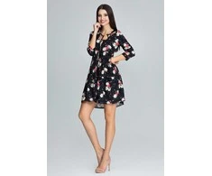 Gėlėta juoda moteriška suknelė ilgomis rankovėmis Figl