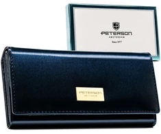 Granatowy, duży portfel damski ze skóry naturalnej i ekologicznej, uždaromas zatrzaskiem i wyposażony w system RFID - Peterson