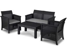 Grandininis pjūklas BRENTA sodo baldų komplektas, juodas/pilkas, 2 foteliai, sofa, terasos stalas, modernus technoratanas