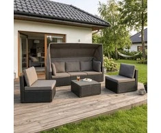 Grandininis pjūklas CALIENTE sodo baldų komplektas: modulinė sofa, 2 foteliai, terasos stalas, juoda/ruda, modernus technoratanas