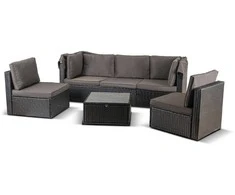 Grandininis pjūklas CALIENTE sodo baldų komplektas: modulinė sofa, 2 foteliai, terasos stalas, juoda/ruda, modernus technoratanas