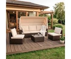 Grandininis pjūklas CALIENTE sodo baldų komplektas: modulinė sofa, 2 foteliai, terasos stalas, ruda/smėlio spalvos, modernus technoratanas