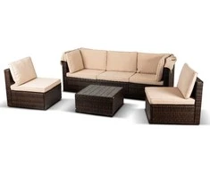Grandininis pjūklas CALIENTE sodo baldų komplektas: modulinė sofa, 2 foteliai, terasos stalas, ruda/smėlio spalvos, modernus technoratanas